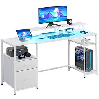 Homcom 61" Computer Desk With Led Lights, Power Outlets, Usb Ports