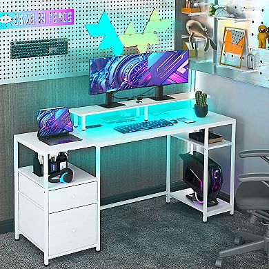 Homcom 61" Computer Desk With Led Lights, Power Outlets, Usb Ports