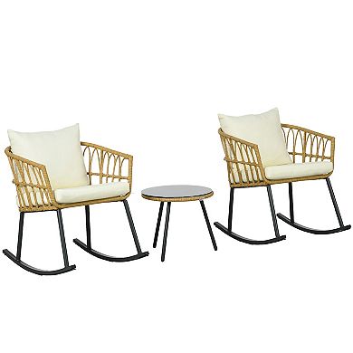 Outsunny 3 Piece Patio Rocking Chair Patio Set W/ Cushions & Glass Top