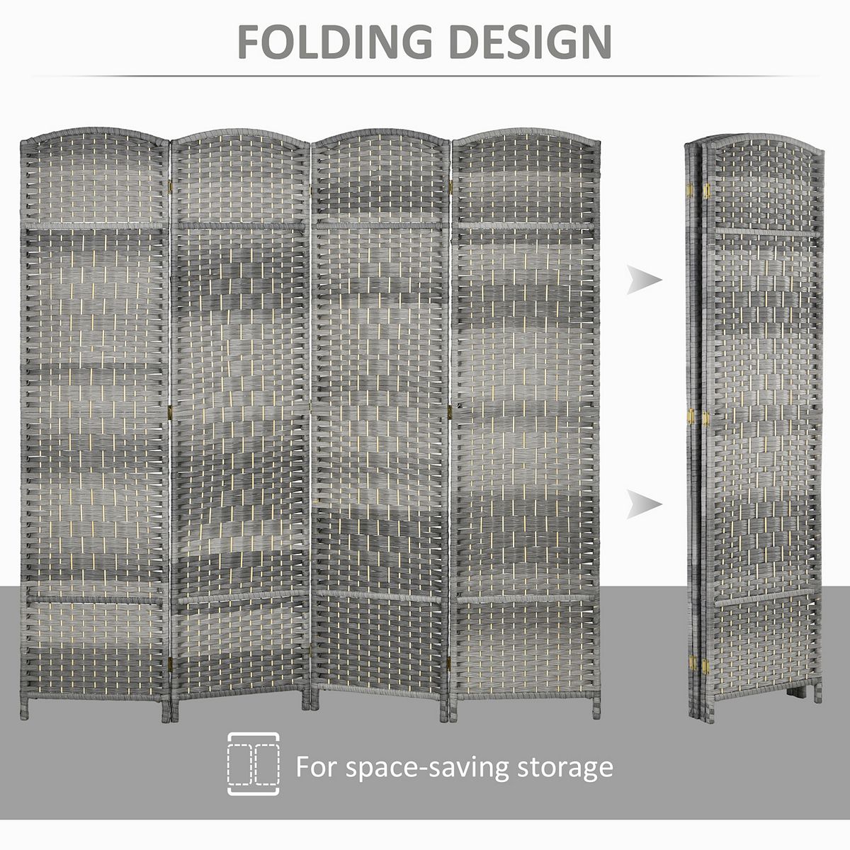 Folding design for 4-panel woven room divider shown with fold-out panels