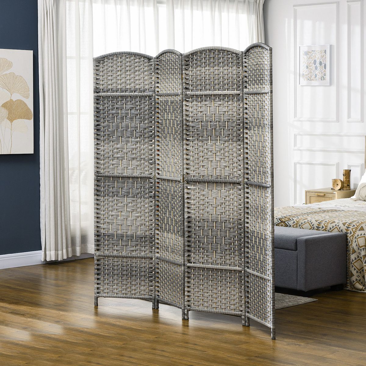 Gray 4-panel room divider in woven style with accordion fold design