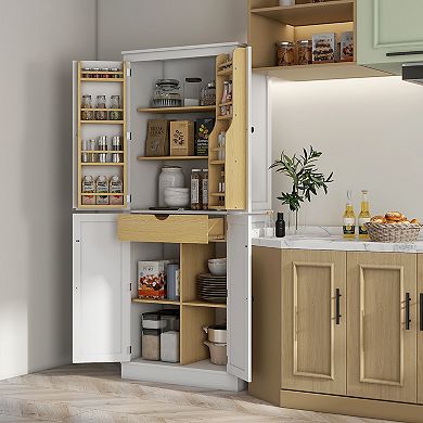 Homcom Kitchen Pantry Cabinet W/ 5-tier Shelving, 8 Spice Racks, Drawer