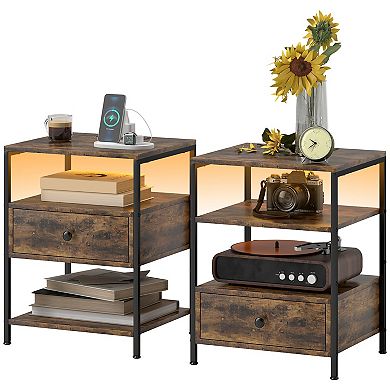 Homcom Set Of 2 End Tables W/ Power Outlets & Lights For Living Room