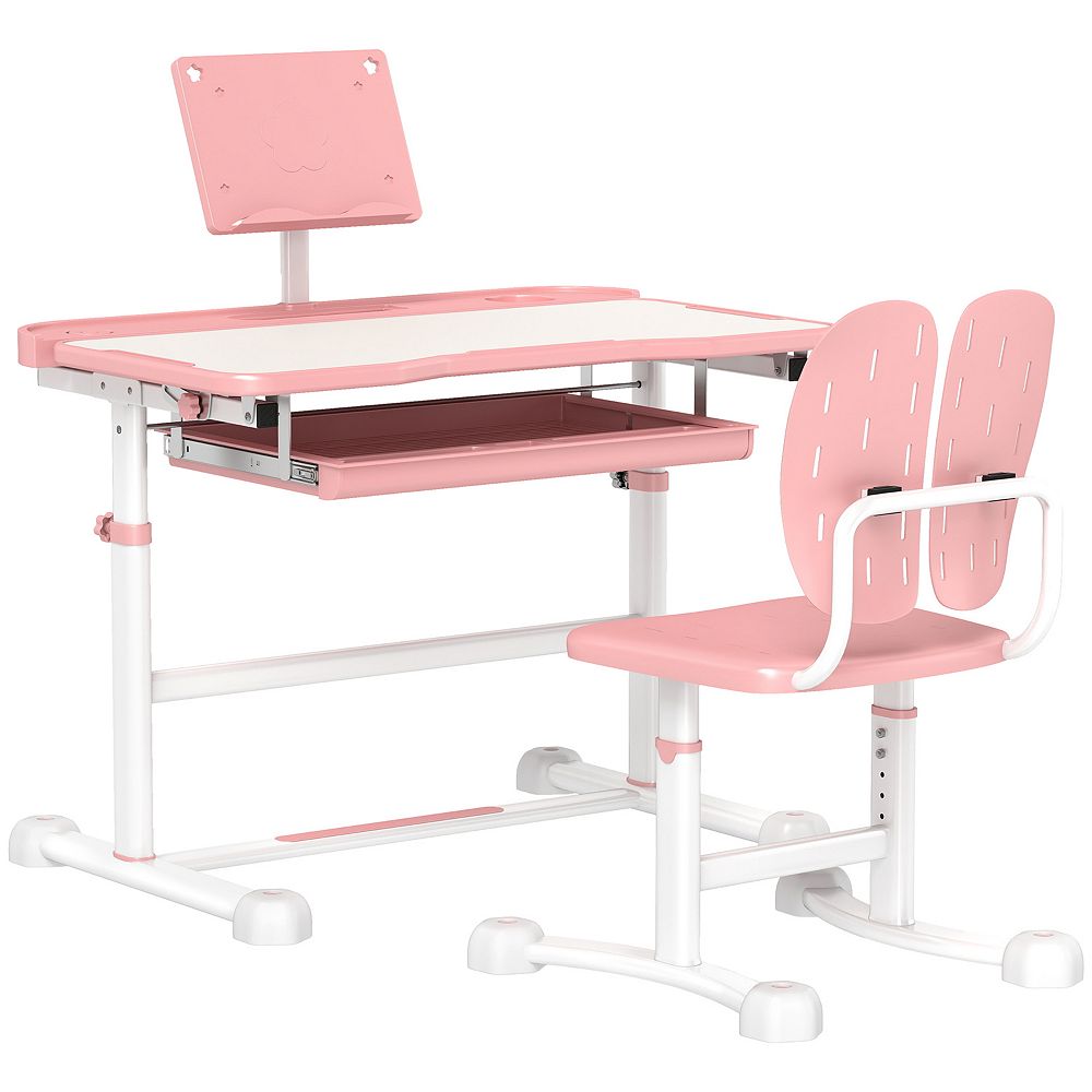 Qaba Adjustable Kids Desk and Chair Set with Tilt Desktop, Storage