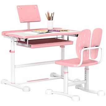 Qaba Adjustable Kids Desk And Chair Set With Tilt Desktop, Storage