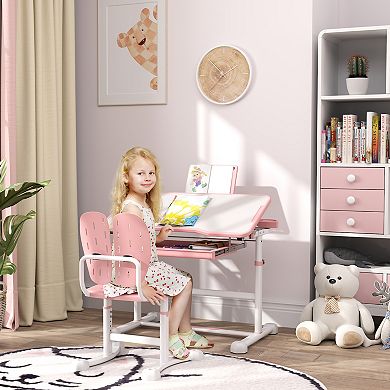 Qaba Adjustable Kids Desk And Chair Set With Tilt Desktop, Storage