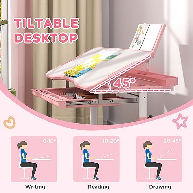 Qaba Adjustable Kids Desk and Chair Set with Tilt Desktop, Storage,
