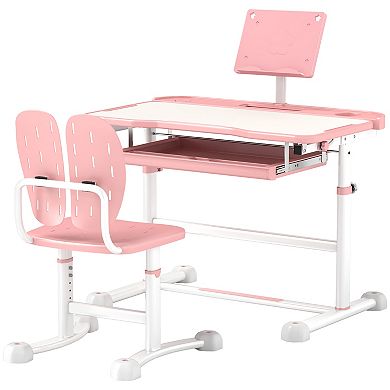 Qaba Adjustable Kids Desk And Chair Set With Tilt Desktop, Storage