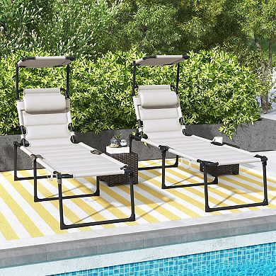 2 Pcs Adjustable Folding Chaise Lounge With Sun Roof For Outdoor