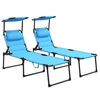 2 pc Adjustable Folding Chaise Lounge With Sun Roof For Outdoor