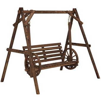 Outsunny 2 Seat Porch Swing W/ Stand Log Patio Swing Carbonized Brown