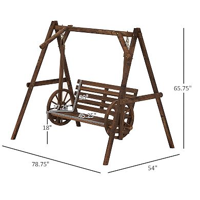 Outsunny 2 Seat Porch Swing w/ Stand, Wagon Wheel Arms, Brown
