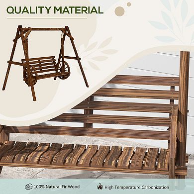 Outsunny 2 Seat Porch Swing w/ Stand, Wagon Wheel Arms, Brown