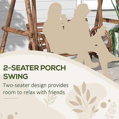 Outsunny 2 Seat Porch Swing w/ Stand, Wagon Wheel Arms, Brown