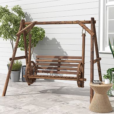 Outsunny 2 Seat Porch Swing w/ Stand, Wagon Wheel Arms, Brown