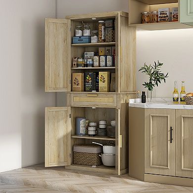 Homcom 72" Tall Kitchen Pantry Storage Cabinet With Rattan Doors And Drawer