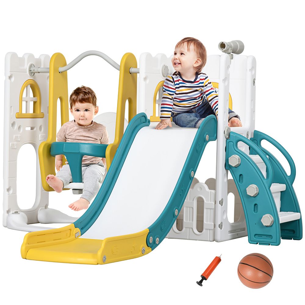 Qaba 6 In 1 Toddler Slide And Swing Set W/ Basketball Hoop Climber