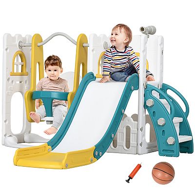 Qaba In Toddler Slide And Swing Set W/ Basketball Hoop Climber