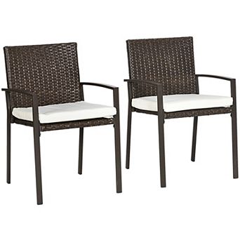 Outsunny 2 Dining Chairs W/ Cushions, Patio Wicker Armchair Set