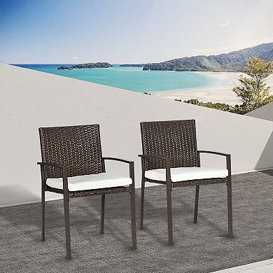 Outsunny 2 Dining Chairs W/ Cushions, Patio Wicker Armchair Set