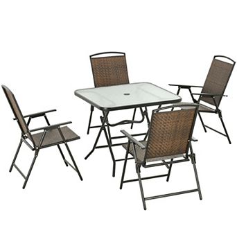 Outsunny 5 pc Wicker Patio Dining Set Foldable W/ Umbrella Hole