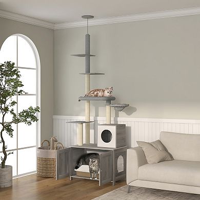 Pawhut 2 In 1 Litter Box Enclosure With Floor To Ceiling Cat Tree