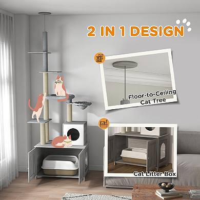 PawHut 2 in 1 Litter Box Enclosure with Floor to Ceiling Cat Tree