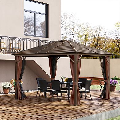 10'x12' Hardtop Gazebo, Mesh, Curtains, Steel Slat Canopy, Outdoor Events