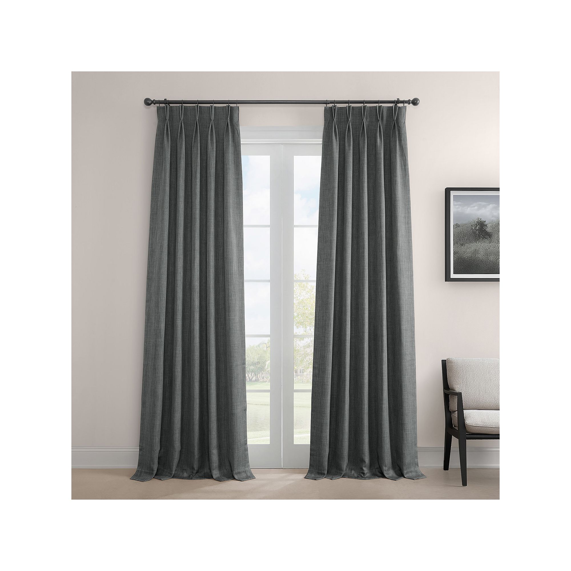 EFF Pleated Textured Faux Linen Room Darkening 1-Panel Window Curtain, Dark