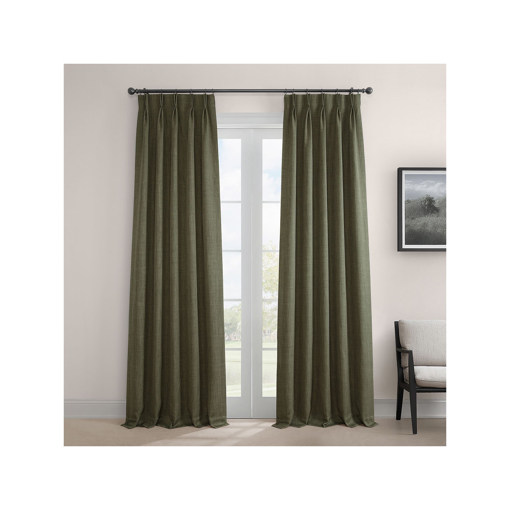 EFF Pleated Textured Faux Linen Room Darkening 1-Panel Window Curtain, Khak
