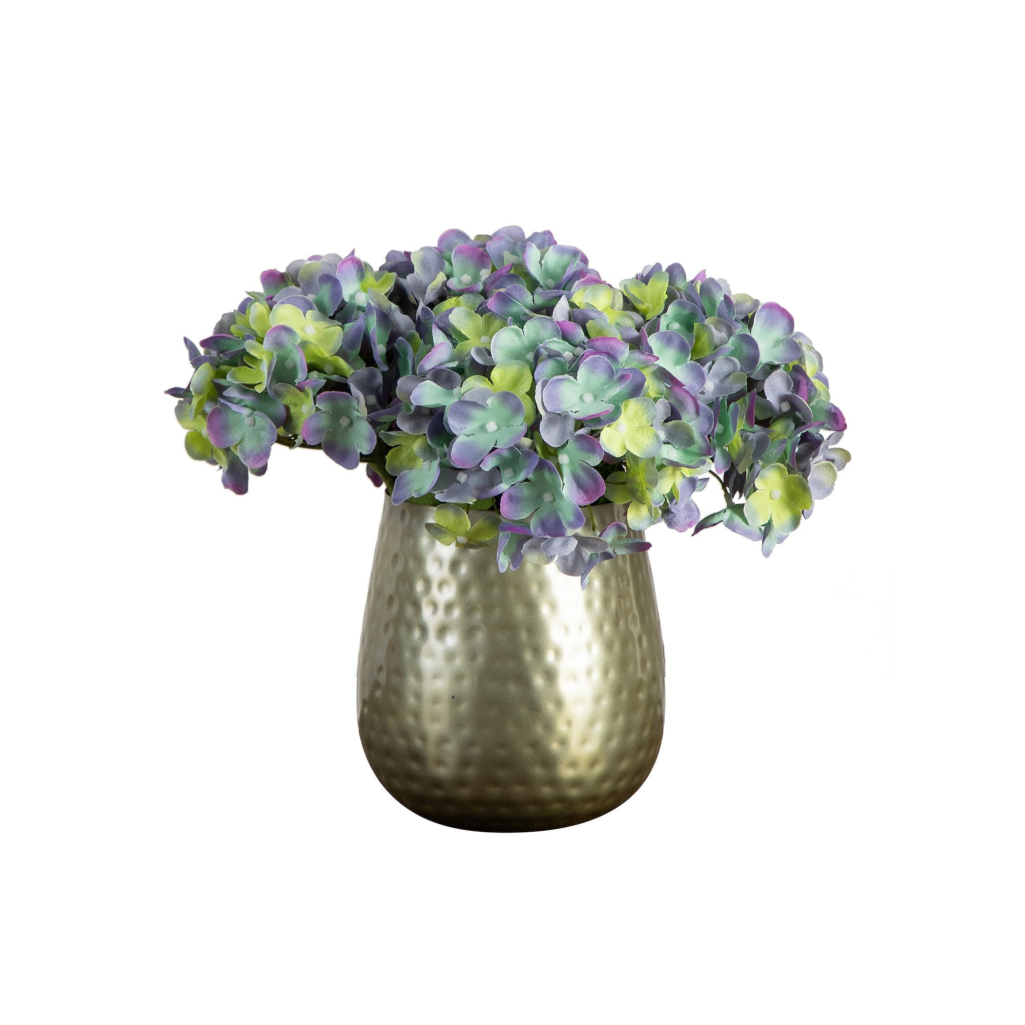 nearly natural 11 in. Artificial Hydrangea Arrangement in Gold Metal Vase, 