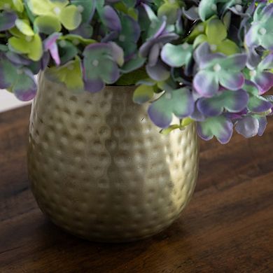 nearly natural 11 in. Artificial Hydrangea Arrangement in Gold Metal Vase