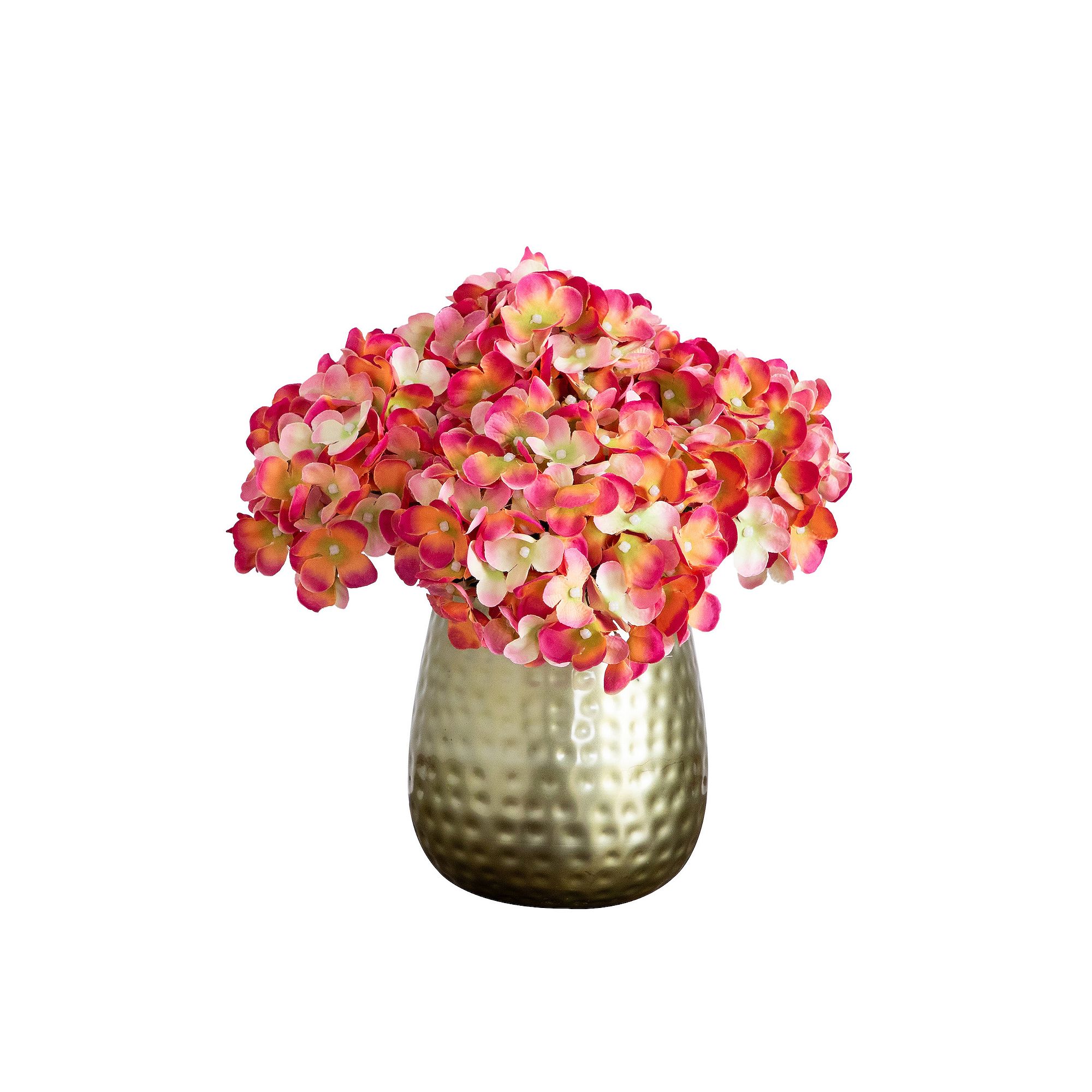 nearly natural 11 in. Artificial Hydrangea Arrangement in Gold Metal Vase, 