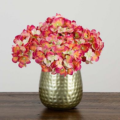 nearly natural 11 in. Artificial Hydrangea Arrangement in Gold Metal Vase