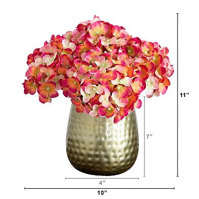nearly natural 11 in. Artificial Hydrangea Arrangement in Gold Metal Vase