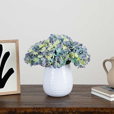 nearly natural 11 in. Artificial Hydrangea Arrangement in White Metal Vase