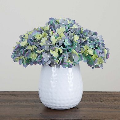 nearly natural 11 in. Artificial Hydrangea Arrangement in White Metal Vase