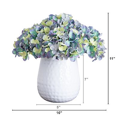 nearly natural 11 in. Artificial Hydrangea Arrangement in White Metal Vase