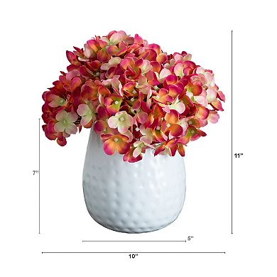 nearly natural 11 in. Artificial Hydrangea Arrangement in White Metal Vase
