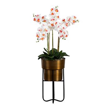 nearly natural Artificial Orchid Arrangement in Brass Tone Metal Planter with Stand Floor Decor