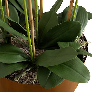 nearly natural Artificial Orchid Arrangement in Brass Tone Metal Planter with Stand Floor Decor