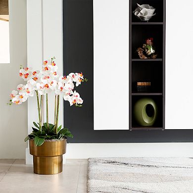 nearly natural Artificial Orchid Arrangement in Brass Tone Metal Planter with Stand Floor Decor