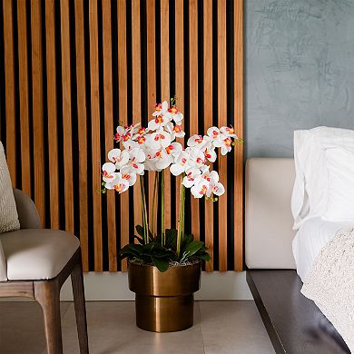 nearly natural Artificial Orchid Arrangement in Brass Tone Metal Planter with Stand Floor Decor