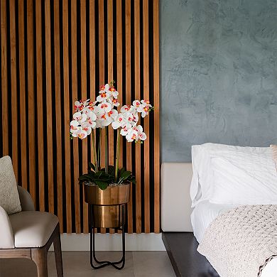 nearly natural Artificial Orchid Arrangement in Brass Tone Metal Planter with Stand Floor Decor