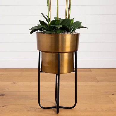 nearly natural Artificial Orchid Arrangement in Brass Tone Metal Planter with Stand Floor Decor