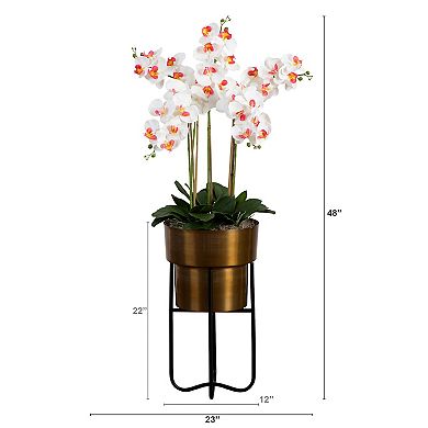 nearly natural Artificial Orchid Arrangement in Brass Tone Metal Planter with Stand Floor Decor