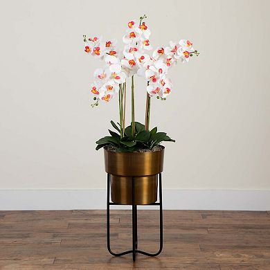 nearly natural Artificial Orchid Arrangement in Brass Tone Metal Planter with Stand Floor Decor