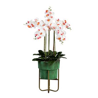 nearly natural 43 in Artificial Orchid Arrangement in Patina Metal Planter with Stand Floor Decor