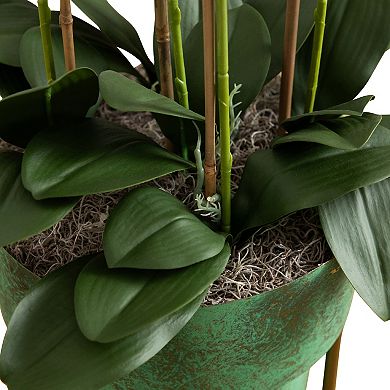 nearly natural 43-in. Artificial Orchid Arrangement in Patina Metal Planter with Stand Floor Decor