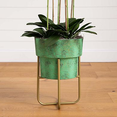 nearly natural 43-in. Artificial Orchid Arrangement in Patina Metal Planter with Stand Floor Decor